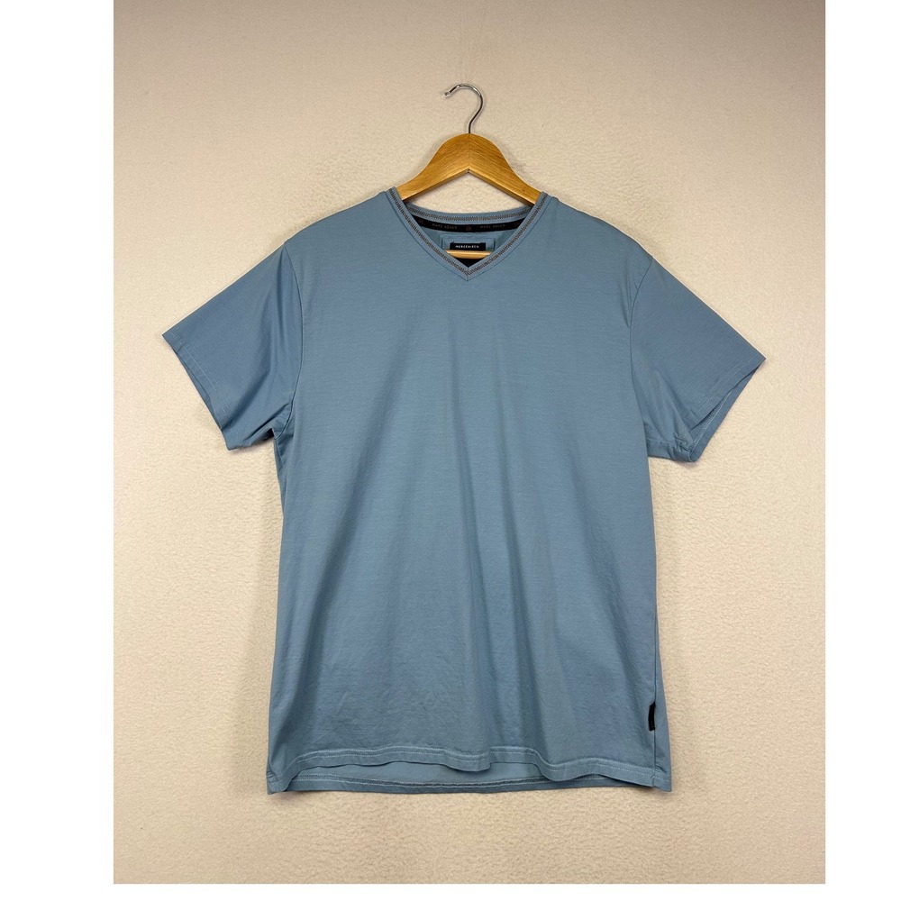 Minimalist Marc Asher Mens Large Blue Mercerized Cotton V-Neck Short Sleeve Tee